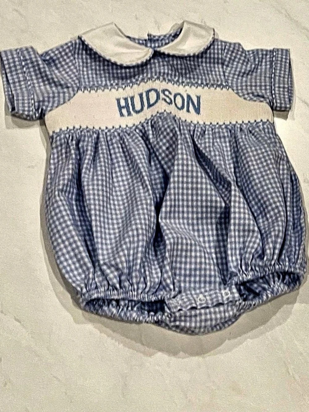 Cecil and Lou Blue Gingham Smocked Hudson Monogram Bubble Romper